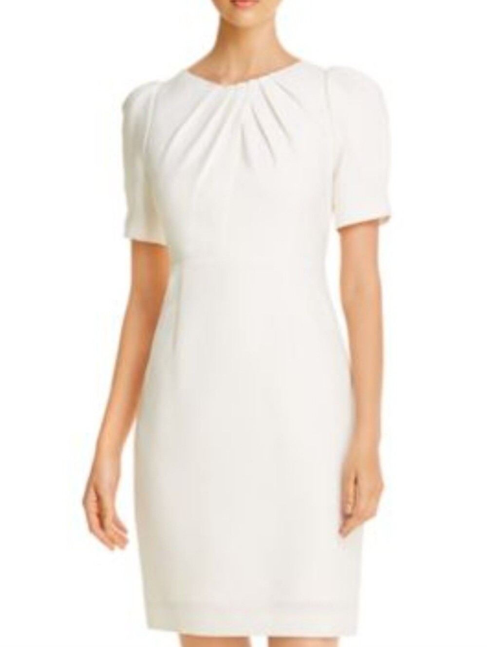 Elie Tahari Delphine Elegant Ivory Sheath Dress with Pleated Neckline